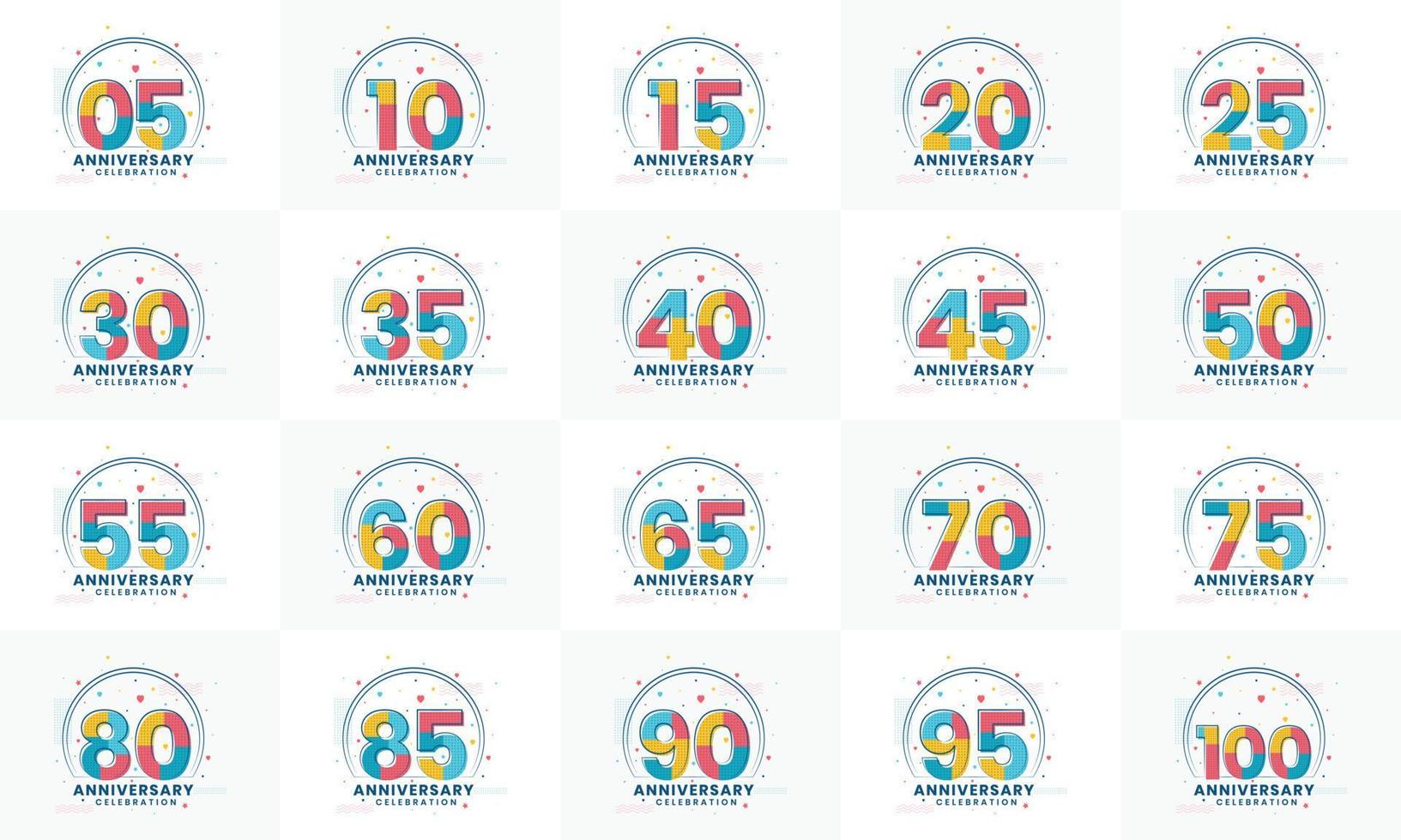 Anniversary Logo Bundle.  Set of modern Anniversary celebration logos. 5th, 10th, 15th, 20th, 25th, 30th, 35th, 40th, 45th, 50th, 55th, 60th, 65th, 70th, 75th, 80th, 85th, 90th, 95th, 100th vector