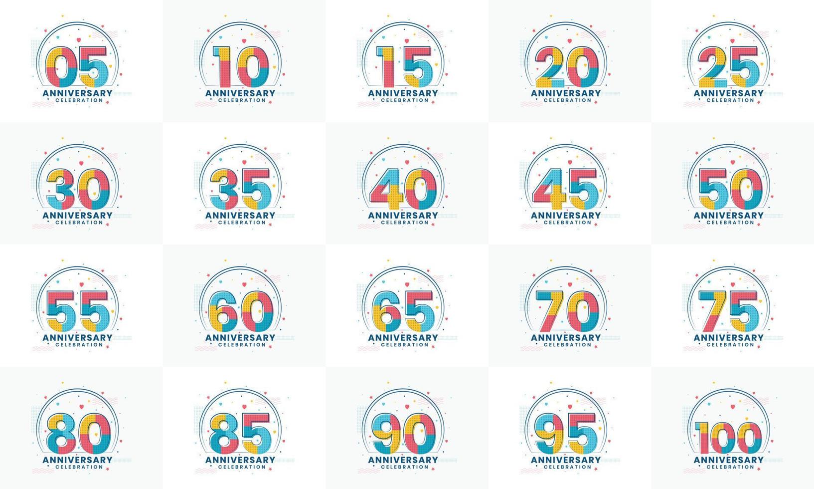 paquete de logo de aniversario. conjunto de logotipos modernos de celebración de aniversario. 5, 10, 15, 20, 25, 30, 35, 40, 45, 50, 55, 60, 65, 70, 75, 80, 85, 90, 95, 100 vector