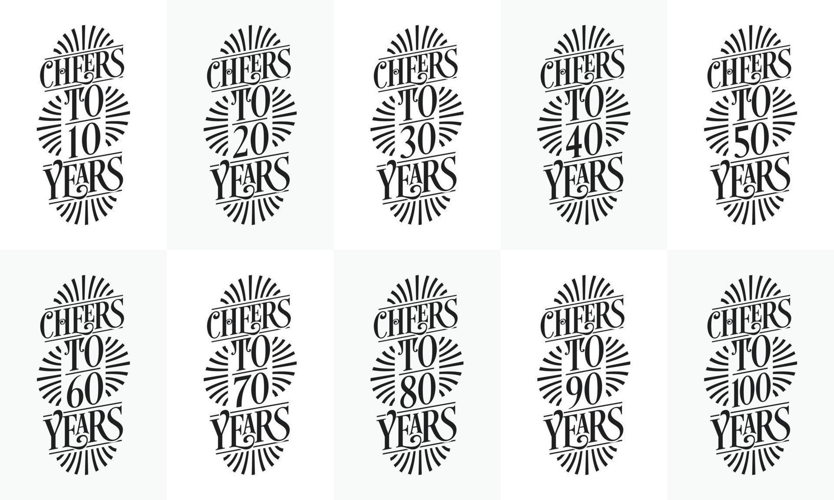 paquete de diseño de cita de cumpleaños de tipografía. conjunto de 10 diseños de letras de cumpleaños de caligrafía. Saludos a los 10, 18, 20, 30, 40, 50, 60, 70, 80, 90, 100 años. vector