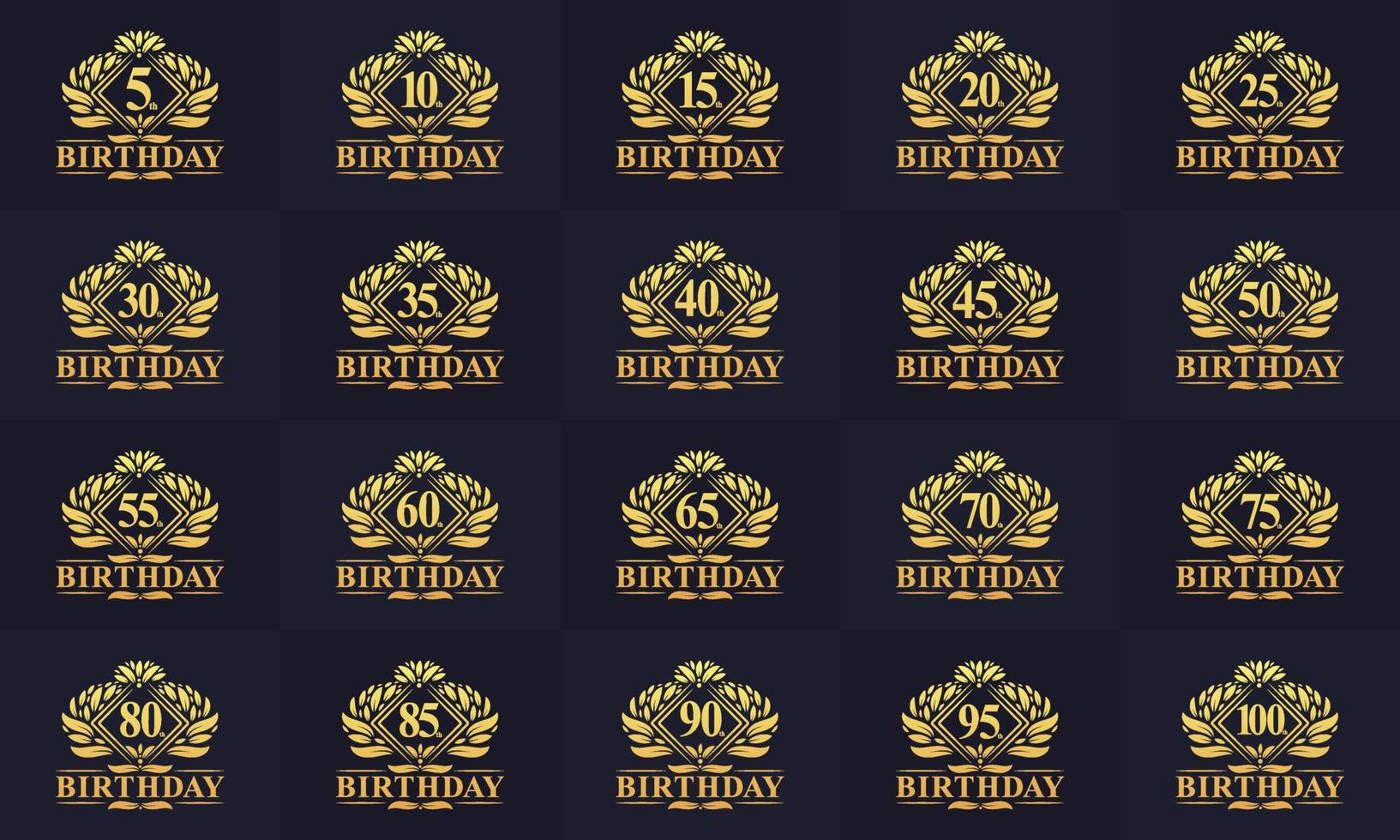 Paquete de logotipos de feliz cumpleaños. conjunto de logotipo de cumpleaños retro vintage. 5, 10, 15, 20, 25, 30, 35, 40, 45, 50, 55, 60, 65, 70, 75, 80, 85, 90, 95, 100 celebración de cumpleaños vector