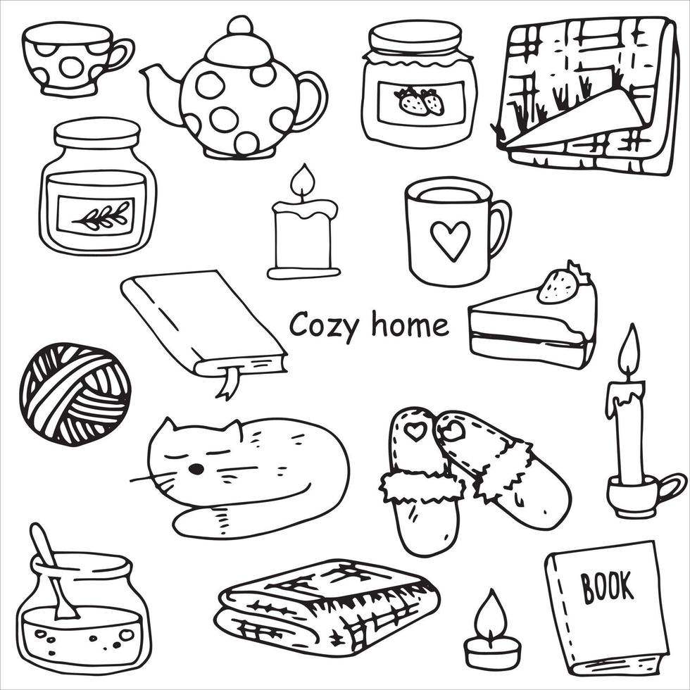 cute set of vector doodles. cozy home, household items. plaid, slippers, candles, books, jam in a jar, pie. stay at home, cozy autumn.