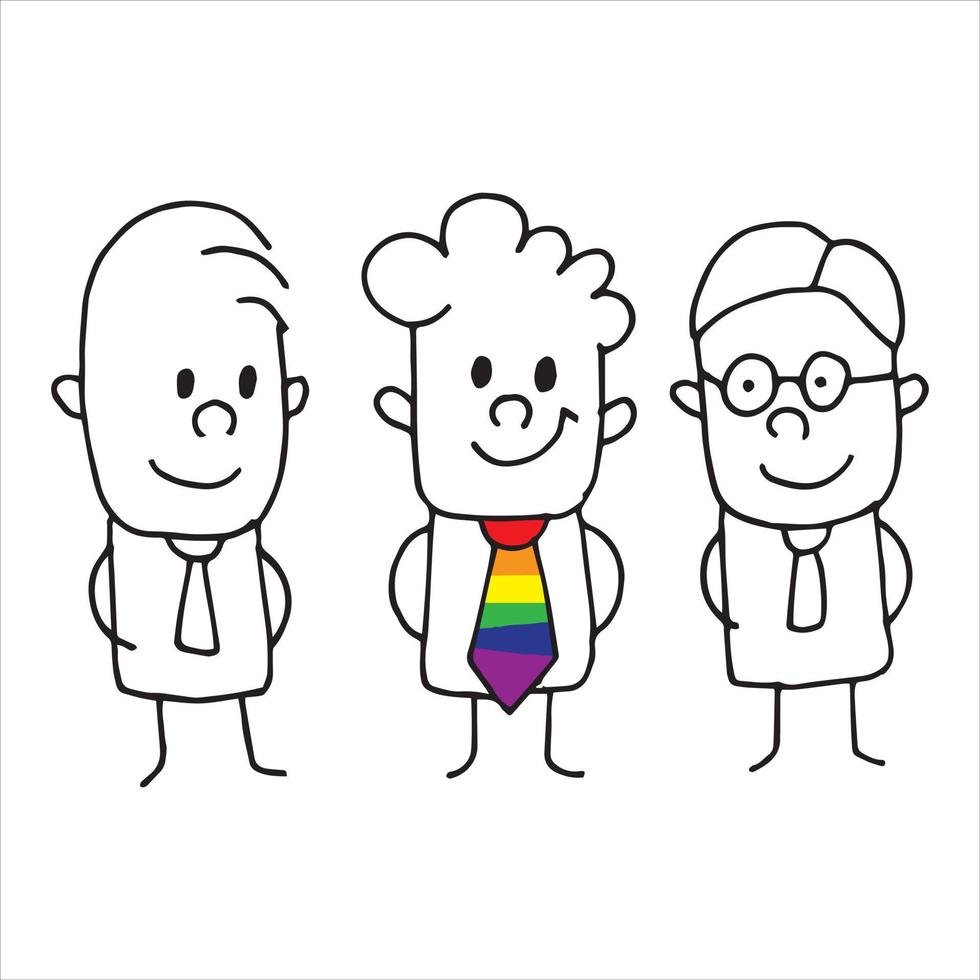 ilustración vectorial en estilo garabato. lgbt en los negocios. oficinistas, colegas. lindo dibujo de dibujos animados, personajes de hombres en tazones con bandera lgbt vector