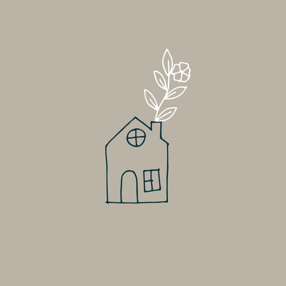 Vector minimalist style illustration of cute house with flowers or plants. modern postcards on a brown background. Stay home concept. Doodle line drawing.