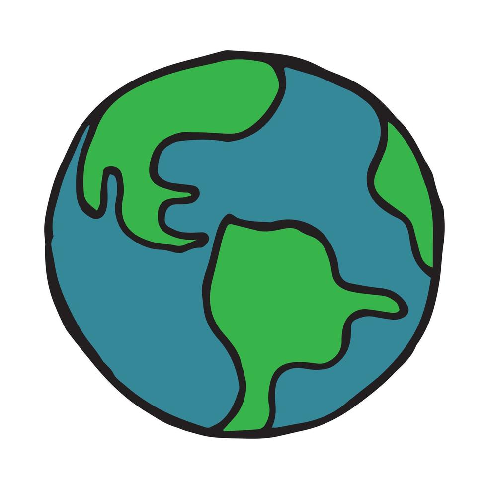 dibujo a mano de ilustración vectorial de stock en estilo garabato. planeta Tierra. lindo icono de color símbolo del planeta, vista desde el espacio. planeta tierra, mundo, globo. vector
