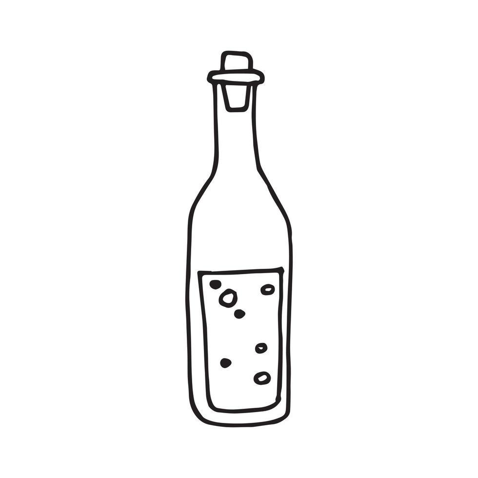 vector drawing in the style of doodle. bottle of oil. kitchen utensils, ingredients for cooking. glass bottle with cork.
