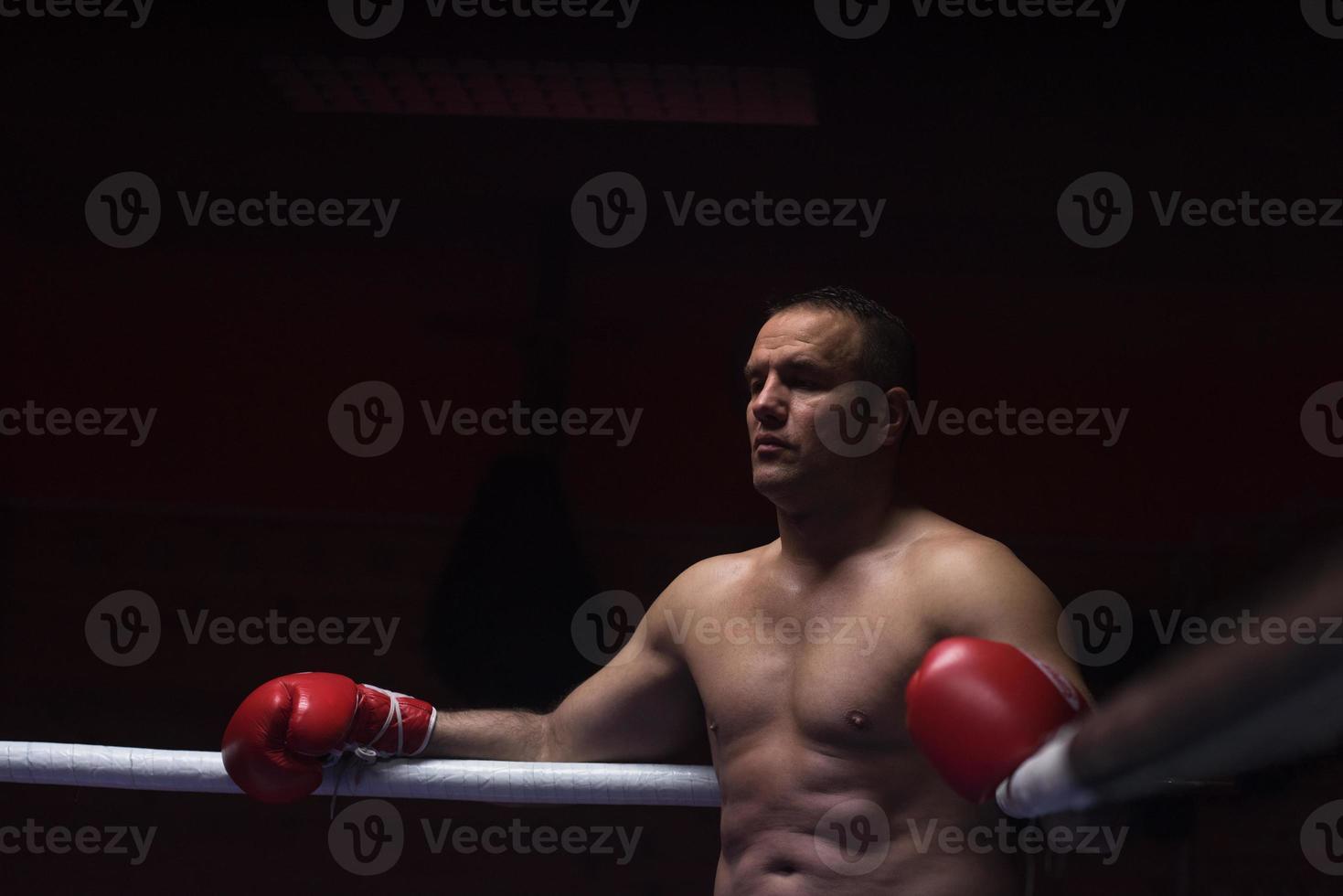 kick boxer resting on the ropes in the corner photo