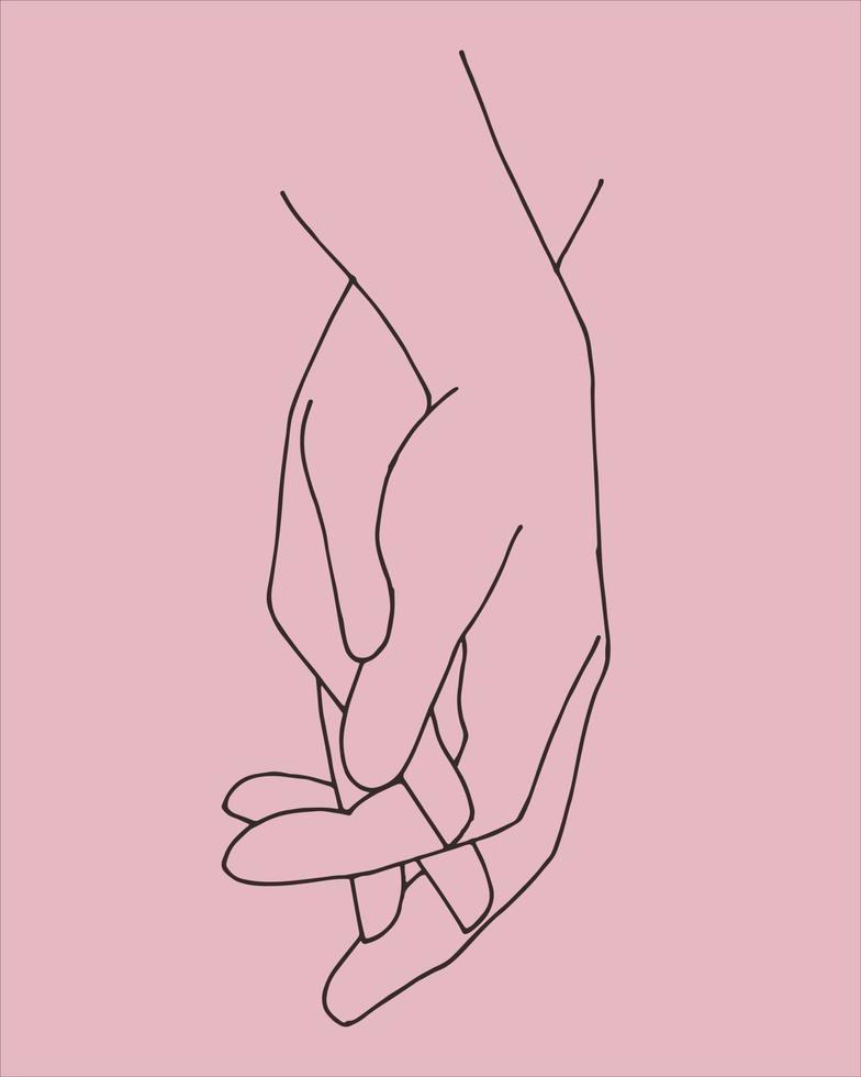 vector illustration with lines, two hands are holding each other. Boho modern aesthetic background with hand gestures. Modern minimalist art print, symbol of love, friendship, relationship help