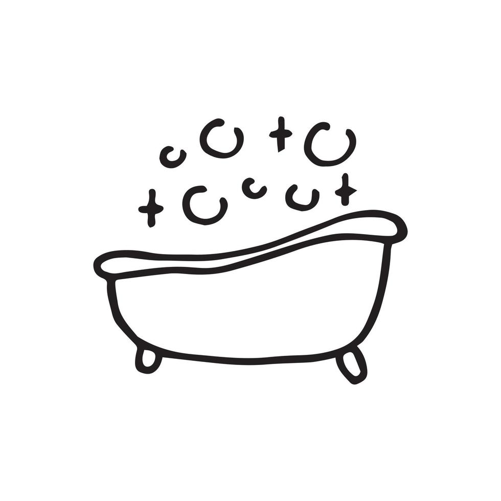 vector drawing in the style of doodle, cartoon. cute drawing of a filled bath with bubbles and soap suds. isolated on white background. clip art bath foam label.