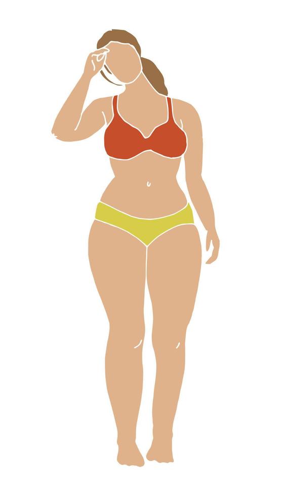 ilustración vectorial una mujer está de pie en traje de baño. mujer joven blanca gorda en traje de baño. cuerpo positivo, feminismo. paleta de colores limitada. aislado sobre fondo blanco vector