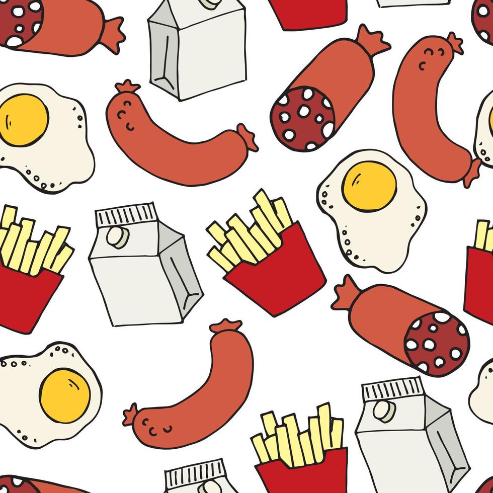 Seamless vector pattern. food, breakfast. fried eggs, toasted sausages, sausage, french fries and a pack of juice, milk isolated on white background. cute doodle background, cartoon with fast food
