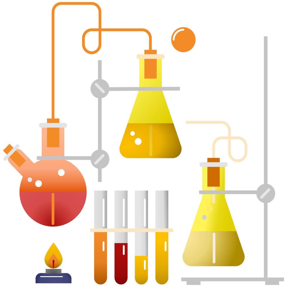 El kit de química de laboratorio incluye un químico más grande, de pie, rojo y amarillo, flash métrico de volumen, tubo de ensayo, quemador, quemador de llama, químico de burbujas en laboratorio, químico vectorial, vector químico de laboratorio