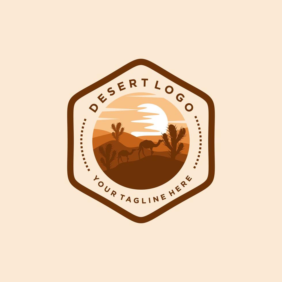 Desert logo design template with sunset and a silhouette of a camel. Vector illustration