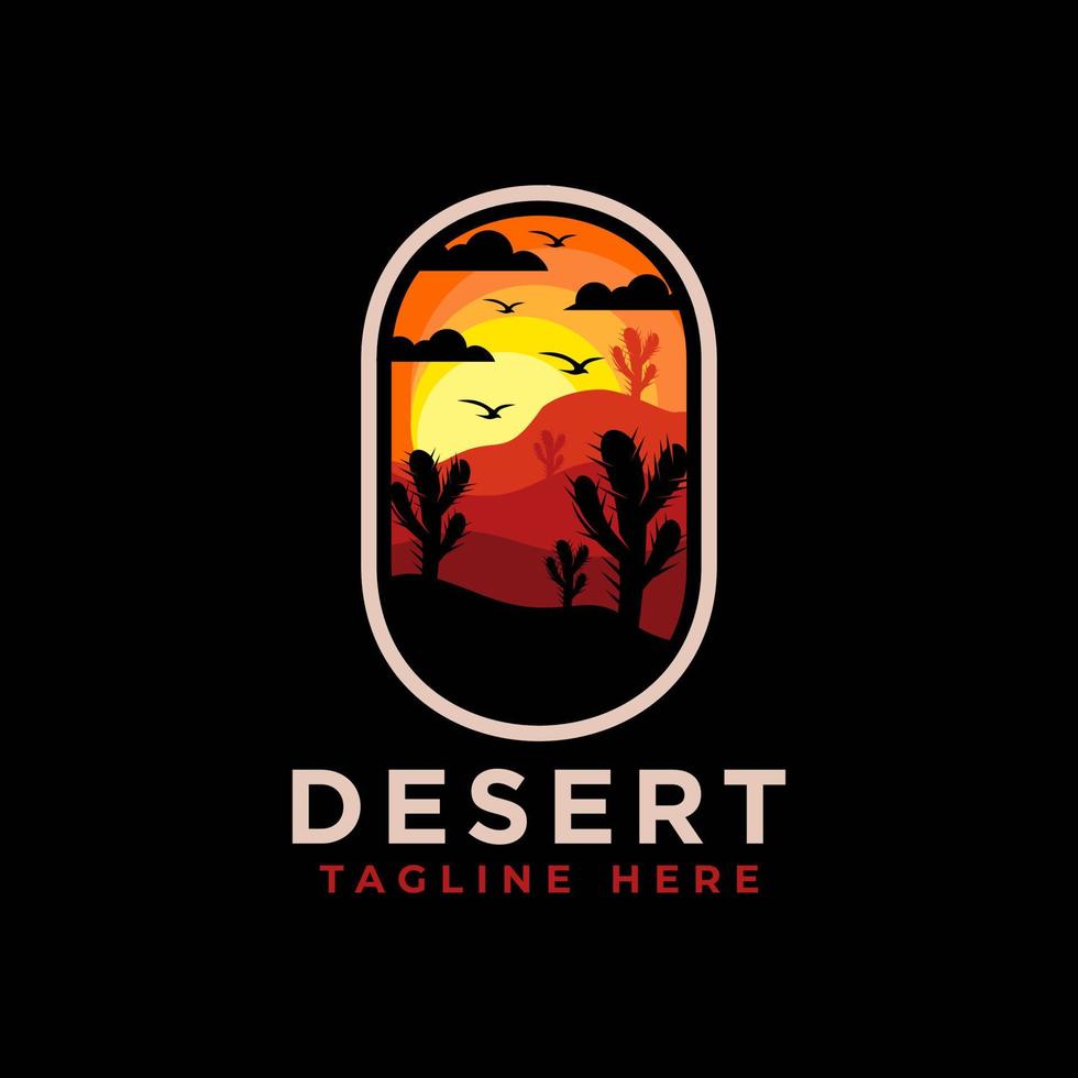 Desert logo design template with sunset and a silhouette of a camel. Vector illustration