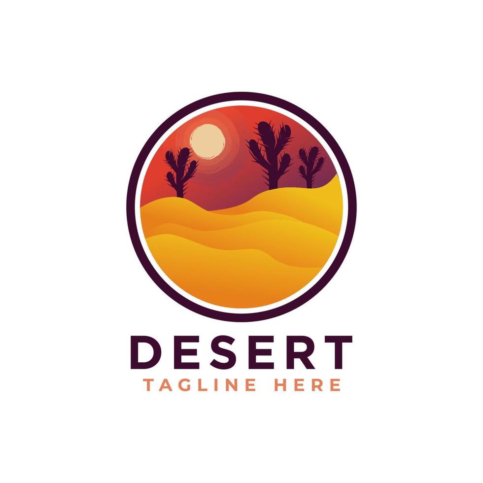 Desert logo design template with sunset and a silhouette of a camel. Vector illustration