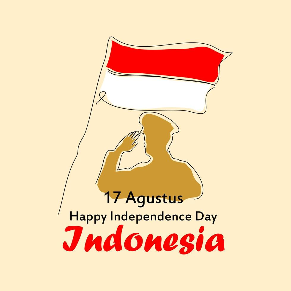 Vector illustration, Happy Indonesian Independence Day. Simple, minimalistic vector sketch, web background. Red and white flag and silhouette of a man saluting the flag. One continuous line drawing