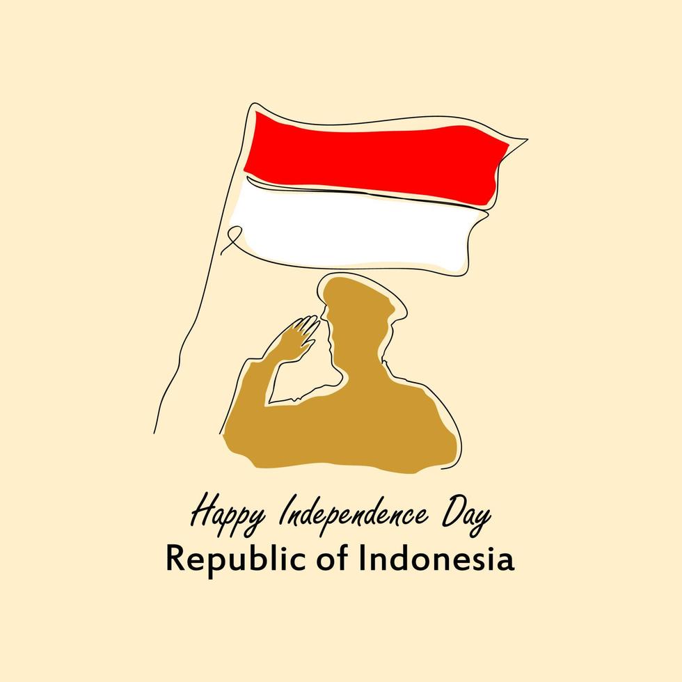 Vector illustration, Happy Indonesian Independence Day. Simple, minimalistic vector sketch, web background. Red and white flag and silhouette of a man saluting the flag. One continuous line drawing