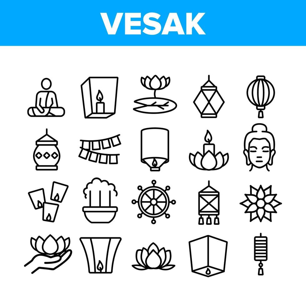 Vesak Day Buddhism Collection Icons Set Vector