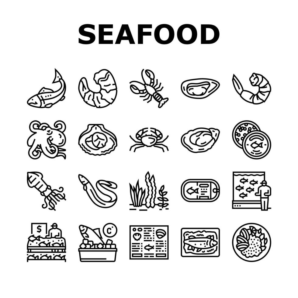 Seafood Cooked Food Dish Menu Icons Set Vector