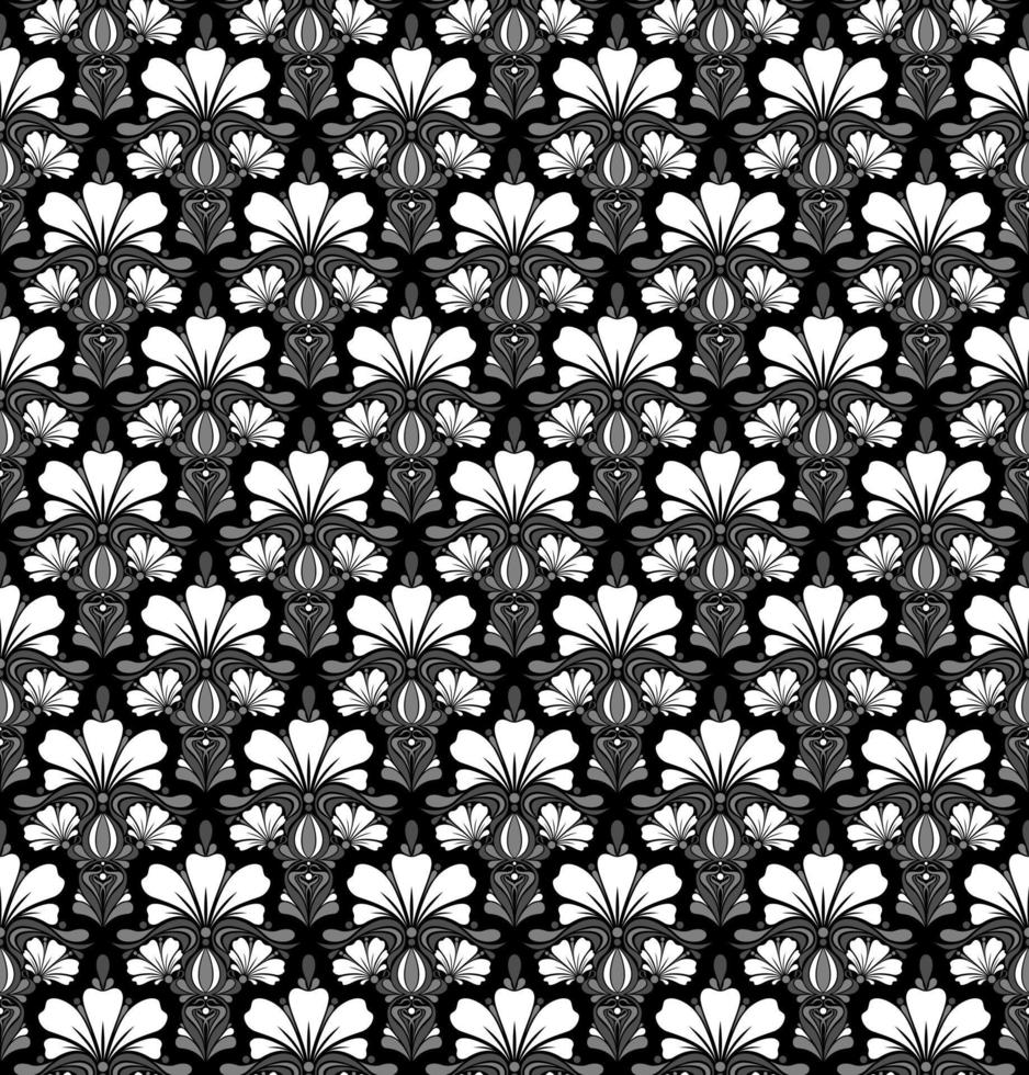 BLACK AND WHITE SEAMLESS VECTOR BACKGROUND IN ART NOUVEAU STYLE WITH A BOUQUET OF FLOWERS