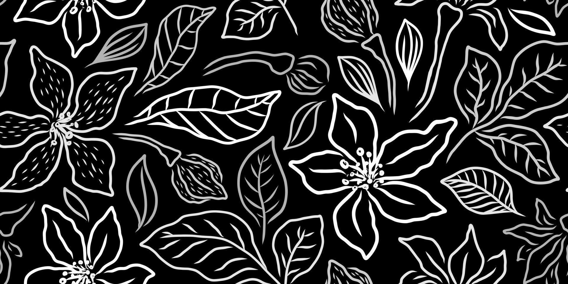 VECTOR HORIZONTAL SEAMLESS BLACK FLORAL PATTERN WITH WHITE LILIES