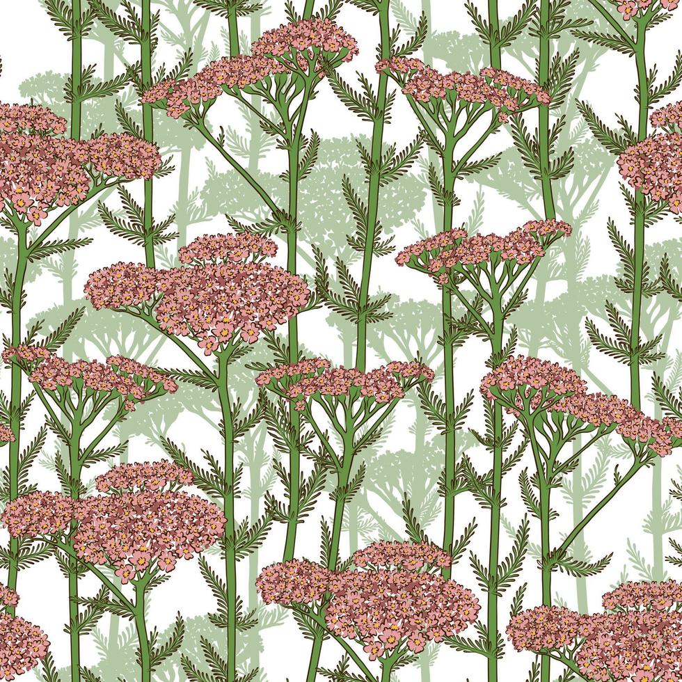 SEAMLESS WHITE VECTOR PATTERN WITH BLOOMING PINK YARROW