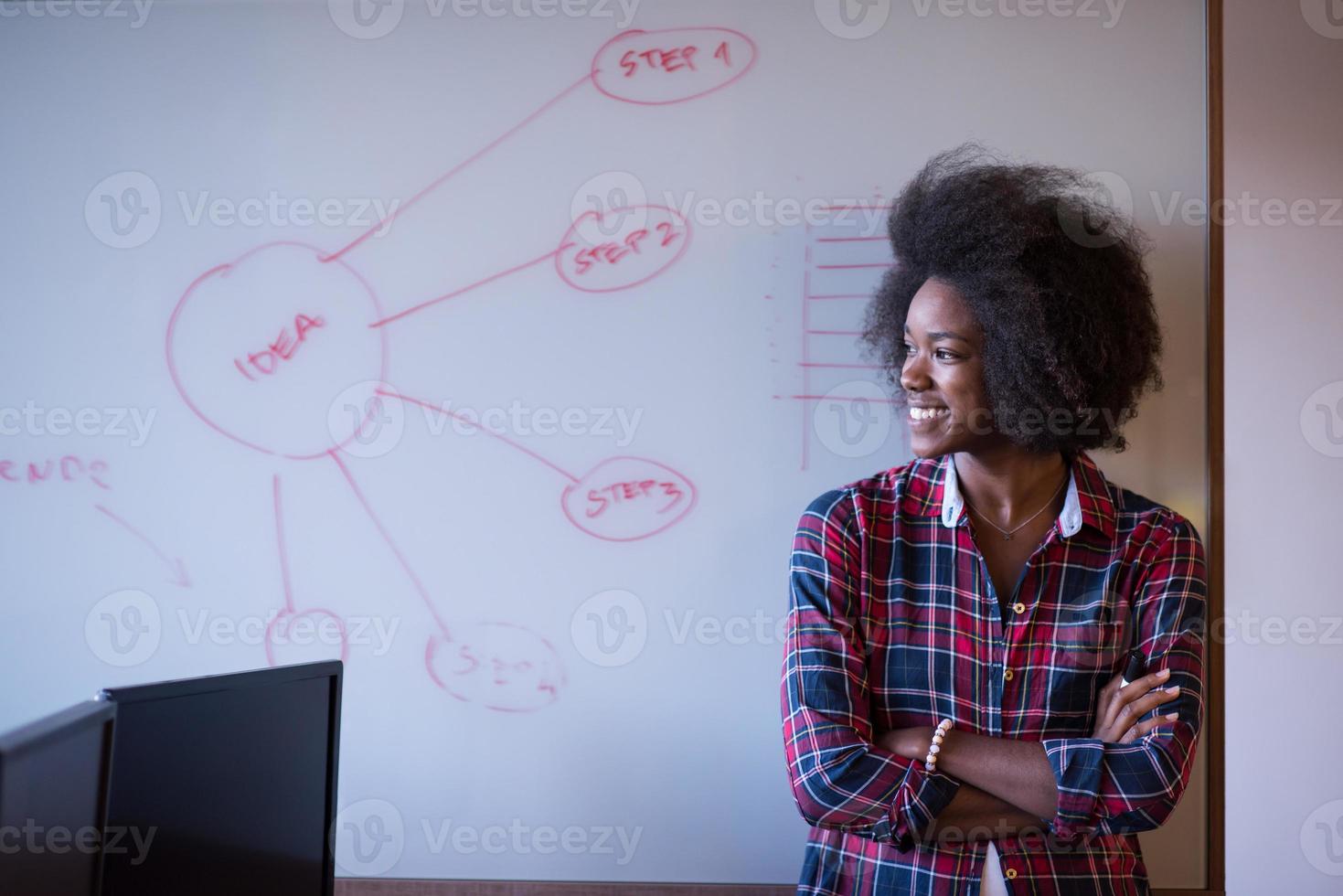 mujer afroamericana escribiendo en una pizarra en una oficina moderna foto