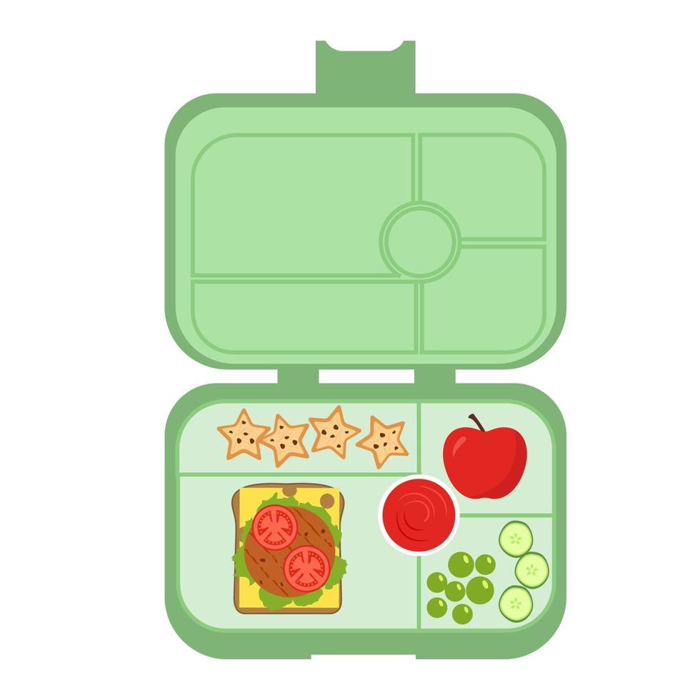 Lunchbox - meal container with sandwich, pear, eggs, ketchup,cookies.School meal, children's lunch. Healthy meals storage.Vector illustration in flat style, isolated on white background vector