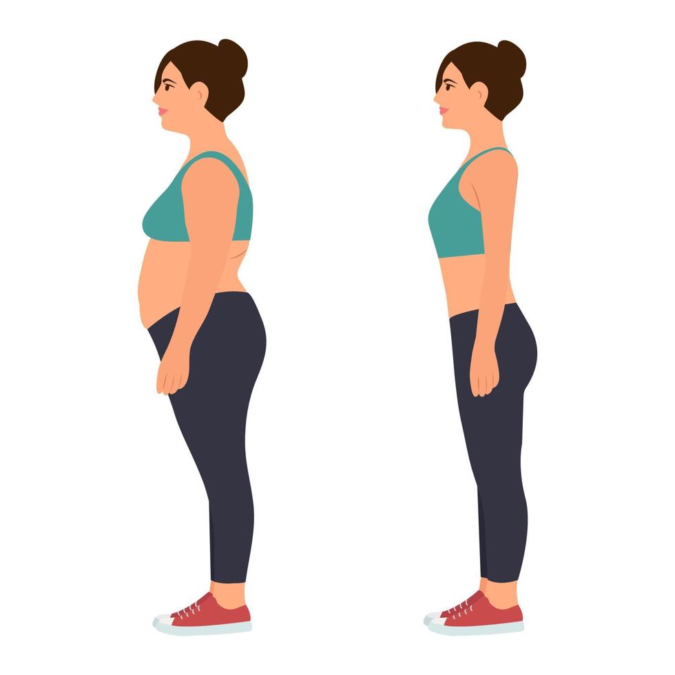 mujer joven con sobrepeso y cuerpo delgado en ropa deportiva. antes y después de la pérdida de peso. ilustración vectorial aislado en blanco. vector