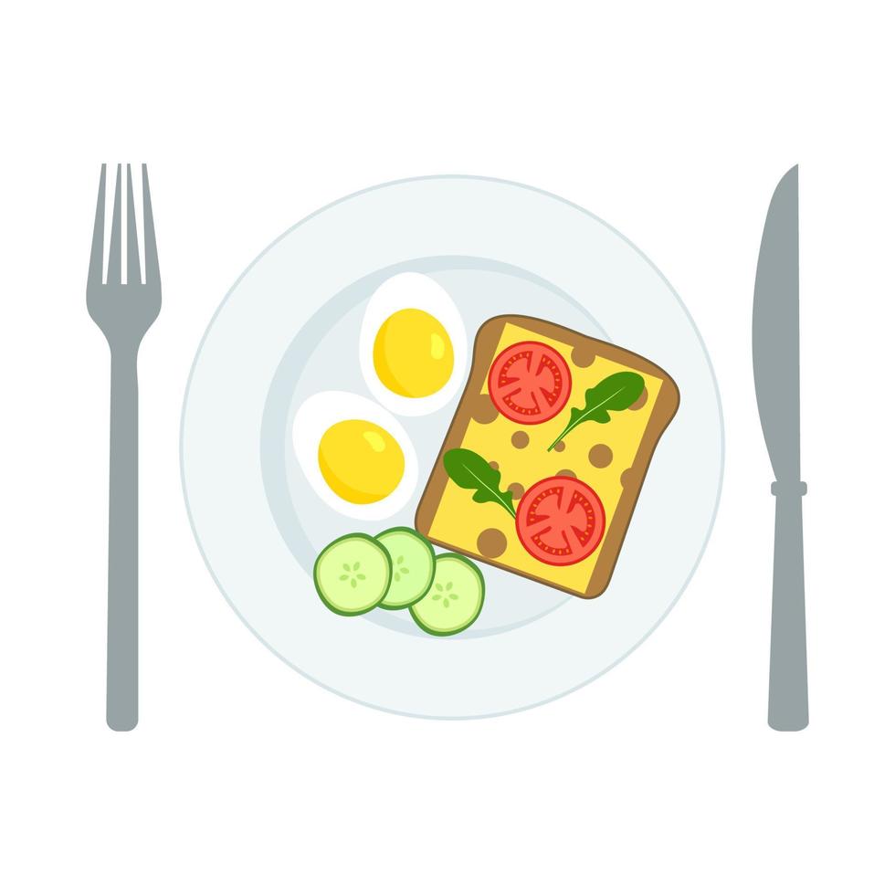 Boiled eggs, sandwich, tomatoes, cucumbers, arugula on a plate for breakfast or lunch. Healthy food. Vector illustration isolated on a white background