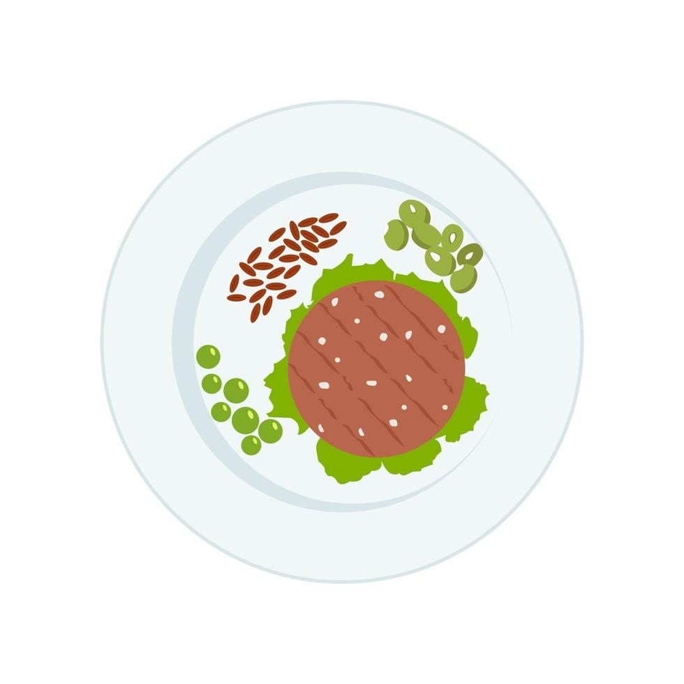 Meatless burger patty. Meat free grilled vegan steakes, healthy food.Green leaves, mung beans, brown rice,pea on the plate.  Vegan concept. Organic natural vegetarian food. Vector flat illustration.