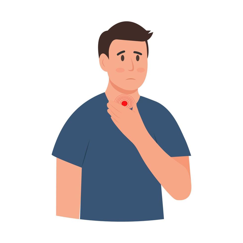 hombre triste con dolor de garganta. síntoma de gripe o infección por virus. dolor de garganta. ilustración vectorial plana vector