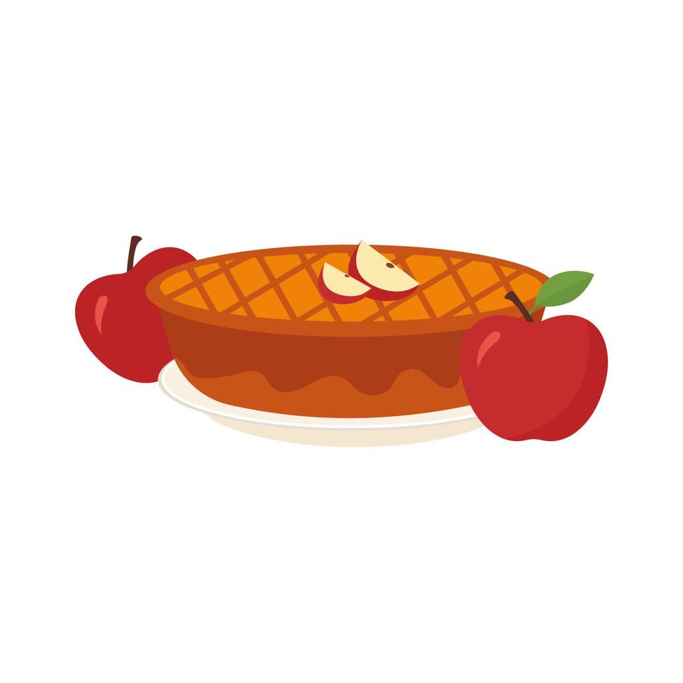 Apple pie vector illustration isolated on white background. Delicious homemade cake.Red apples.Traditional American pie.