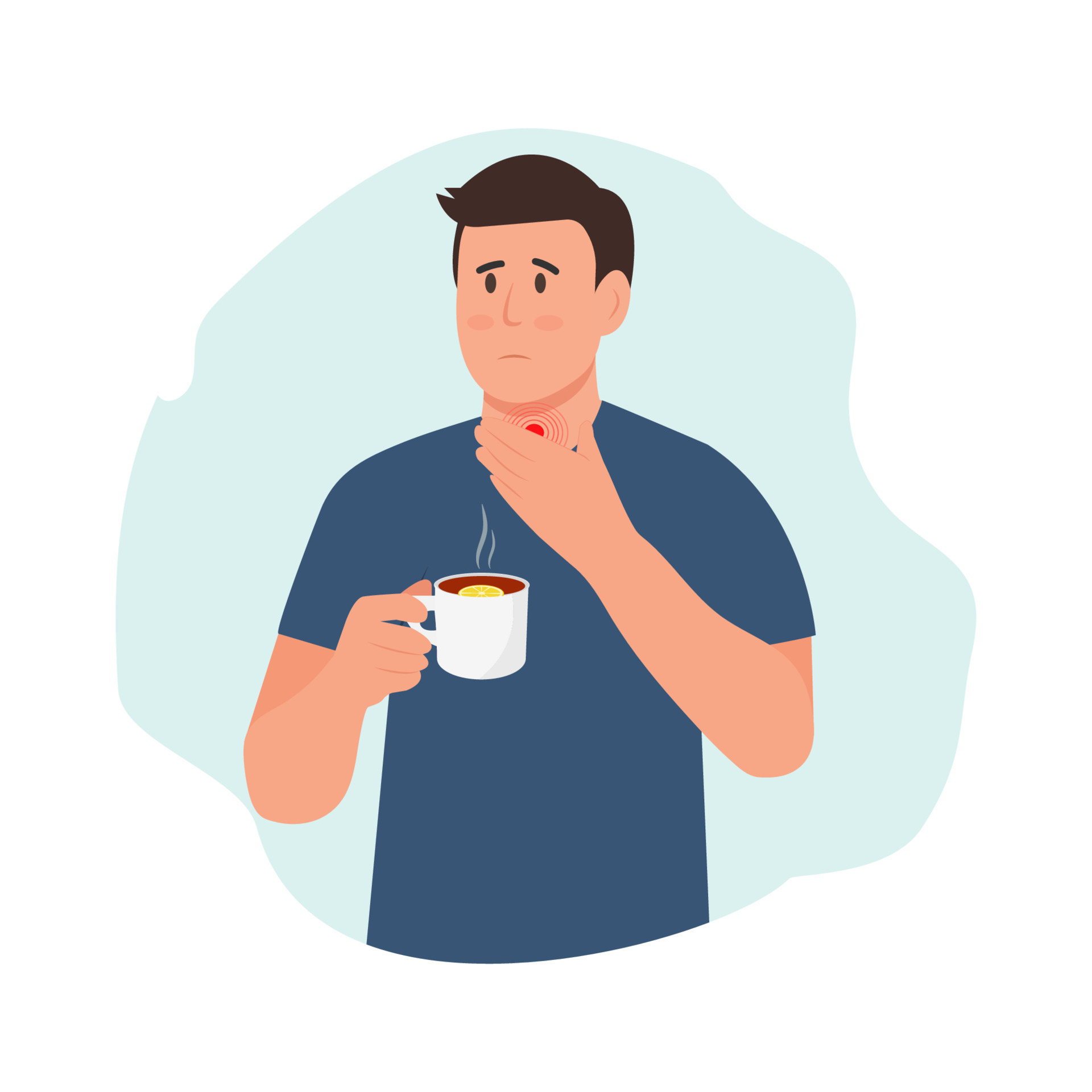 Sad man with a pain in throat. Symptom of flu or virus infection. Man with sore  throat. Sick holding hot cup of tea with lemon. Flat vector illustration  10405609 Vector Art at