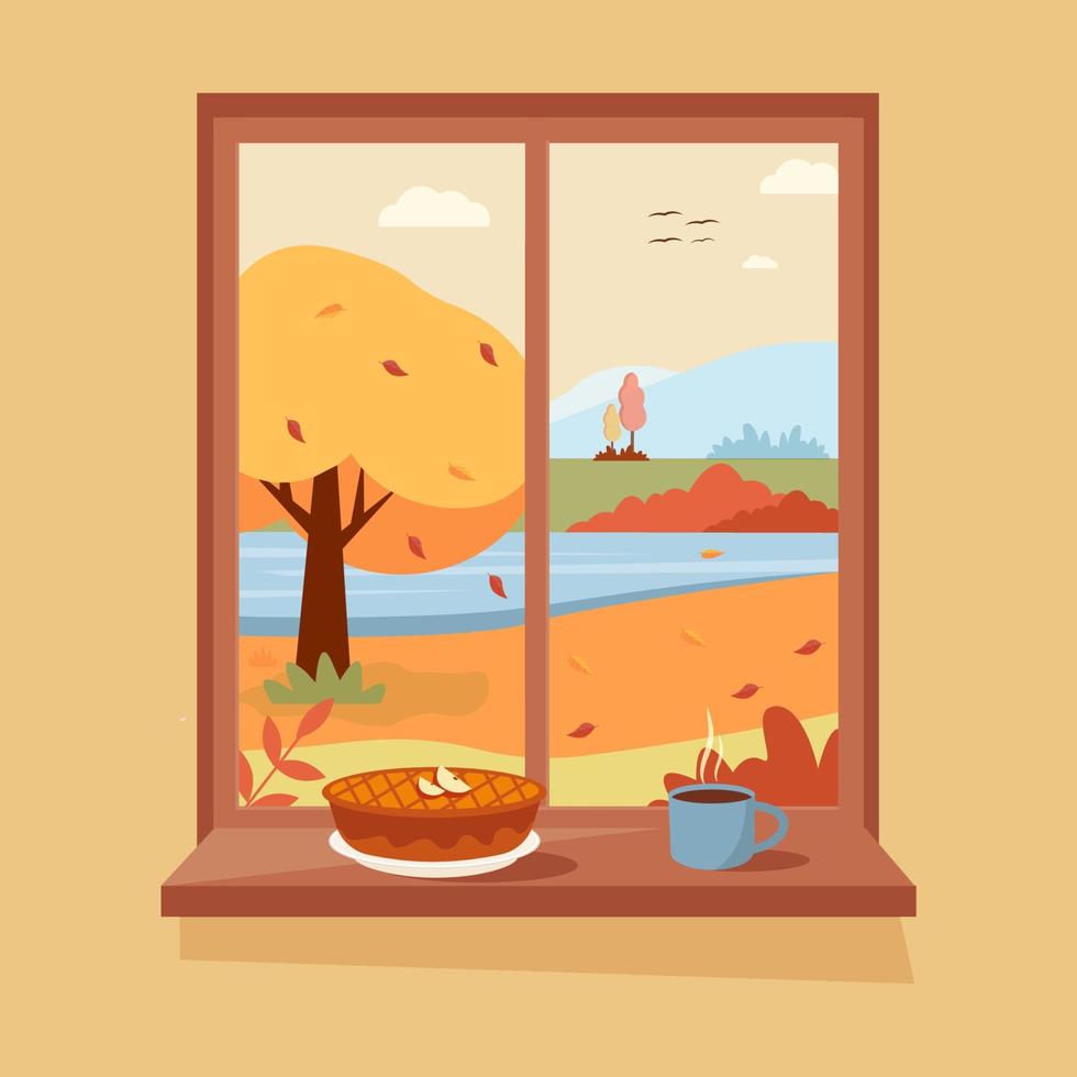 Autumn window with view, apple pie  with and a coffee or tea cup on the sill.the sill. Cozy vector illustration in flat style