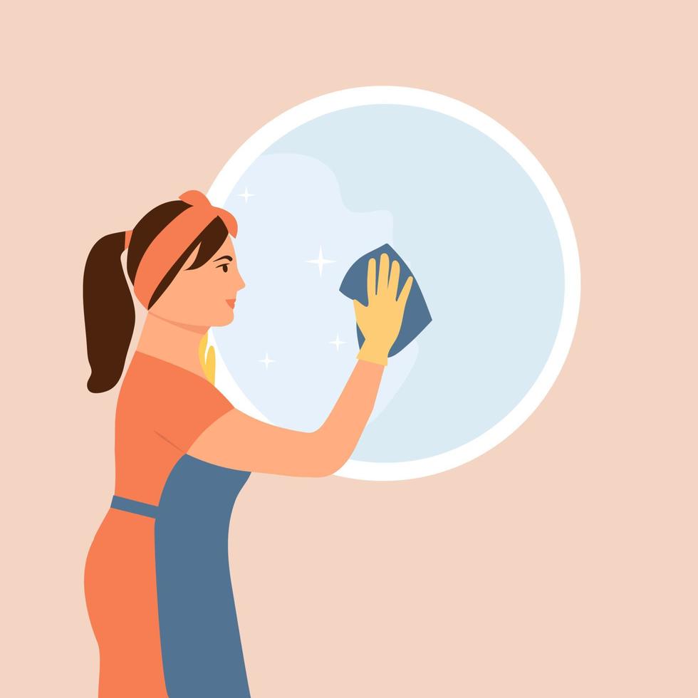 mujer en guantes con servilleta lava espejo en baño o pasillo.servicio de limpieza.concepto de rutina diaria.lustración en estilo plano vector