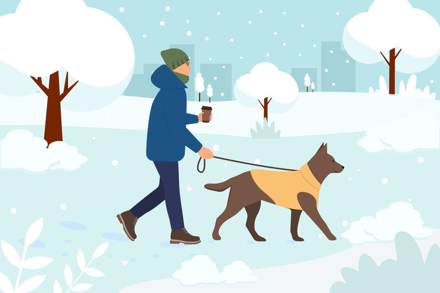 Man walking with dogs in winter. Man leading pet on leash in cold weather with snow. Woman with dog. Wintertime. Coffee in hand. Flat vector illustration.