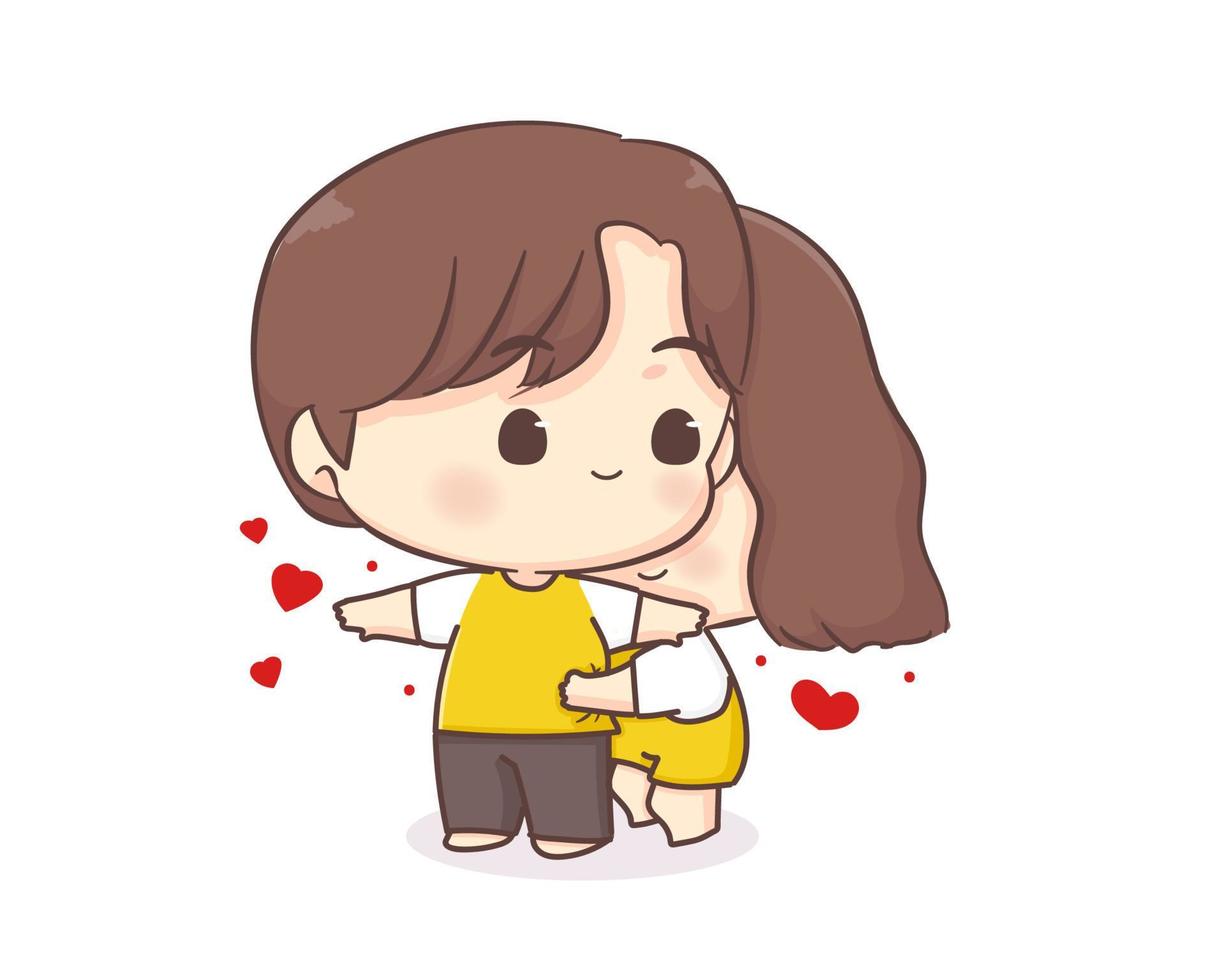 lindos amantes pareja chibi personaje de dibujos animados. niña abrazando a su novio feliz día de san valentín vector