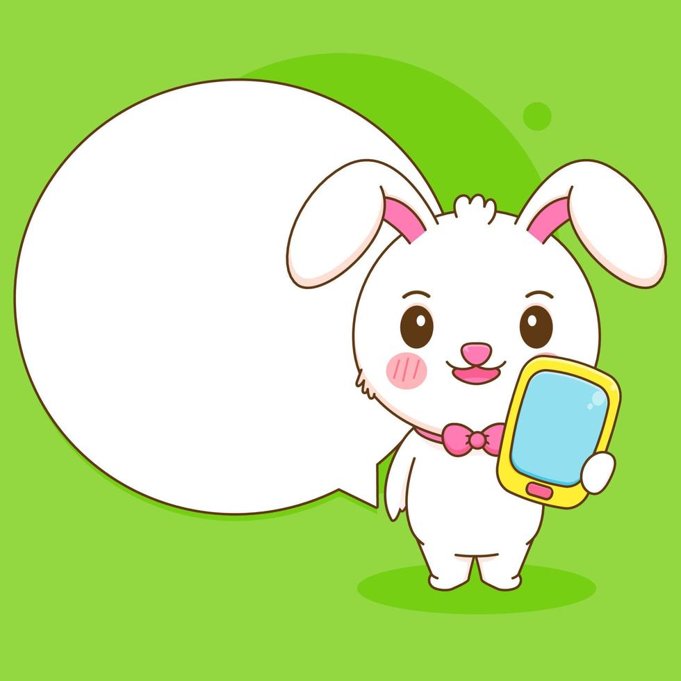 Cute rabbit holding phone with bubble text. Bunny cartoon character illustration. vector