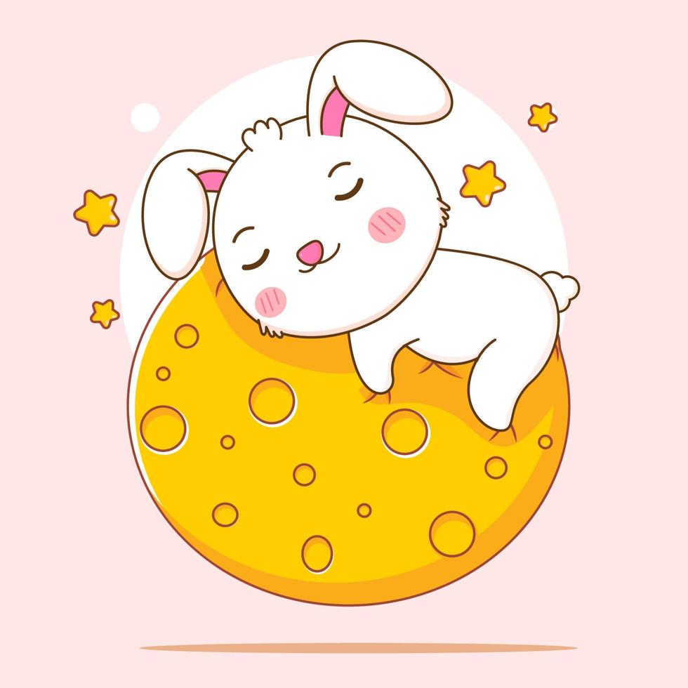 Cute rabbit sleeping on the moon. Bunny cartoon character illustration. vector