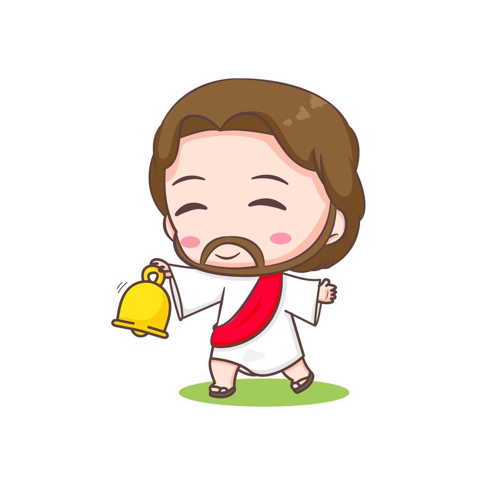 Cute Jesus holding golden ring bell. Chibi cartoon character isolated white background. vector