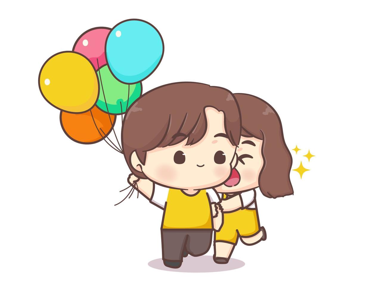 Cute lovers couple happy holiday chibi cartoon character. Happy valentine day vector