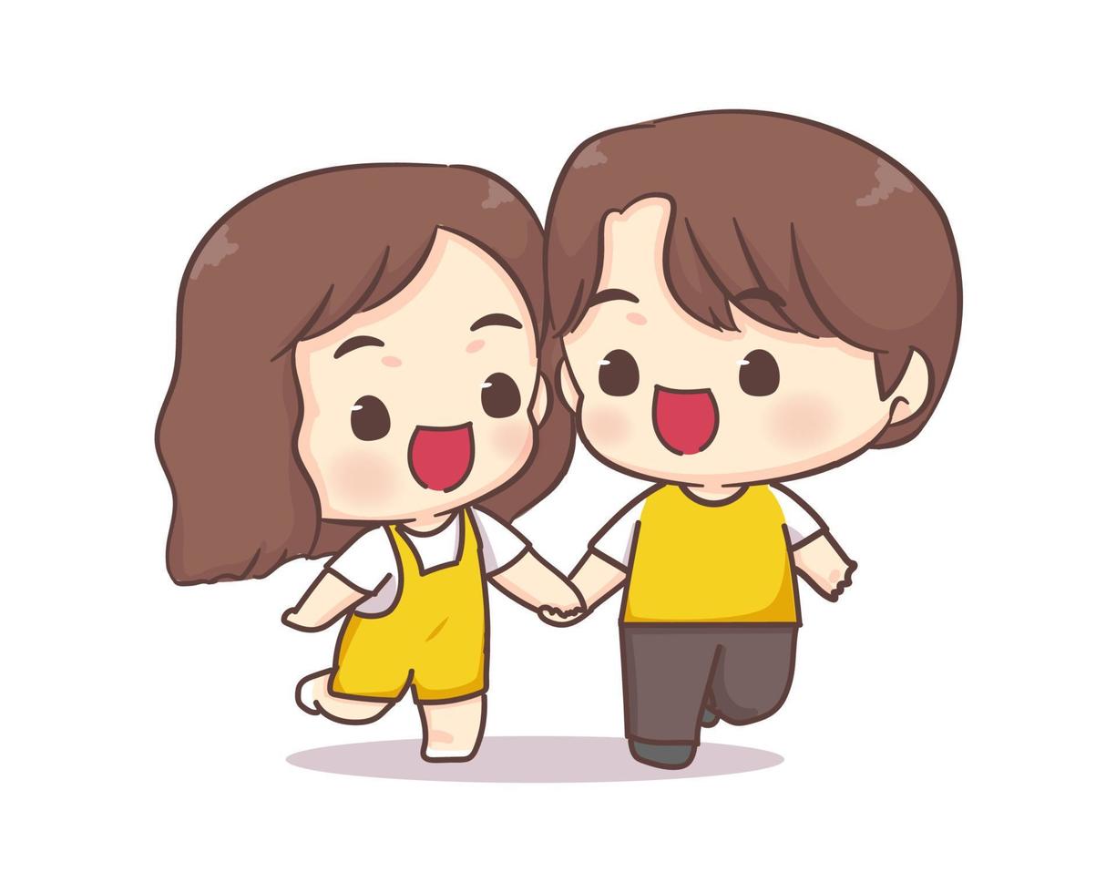Cute lovers couple walking together chibi cartoon character. Happy valentine day vector