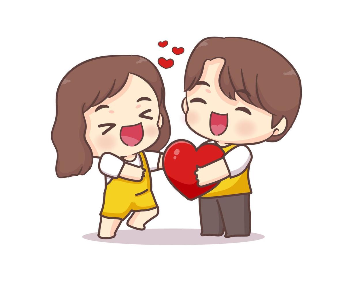 Cute lovers couple greeting pose. Boy giving red love heart. Happy  valentine chibi cartoon character. 10405747 Vector Art at Vecteezy