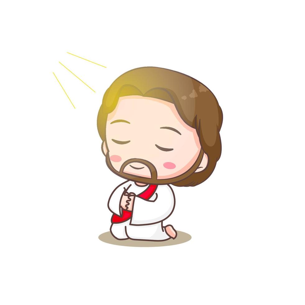 Cute Jesus kneeling and praying. Chibi cartoon character isolated white background. vector