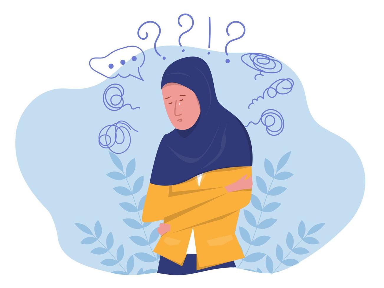 Muslim woman suffers from obsessive thoughts headache unresolved issues psychological trauma depression.Mental stress panic mind disorder illustration Flat vector illustration.