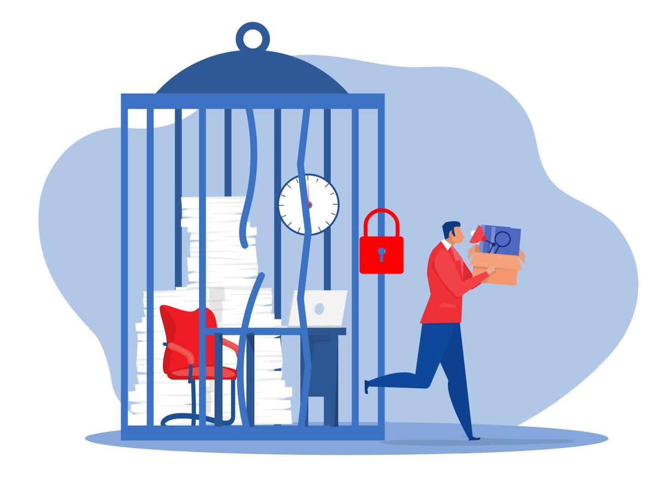 businessman with a box in hands leaves work. unlocking cage and comfort zone ,freedom concept , Employee job reduction, unemployment illustration flat design vector