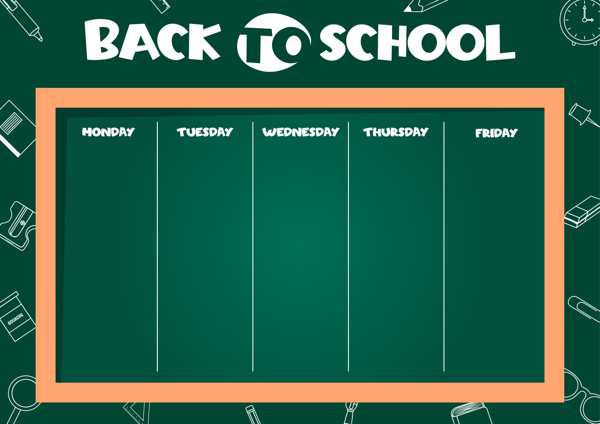 School timetable for kids with days of the week on the blackboard. School  supplies in lineart style on the background. Weekly planner. Schedule design  template. 10405920 Vector Art at Vecteezy