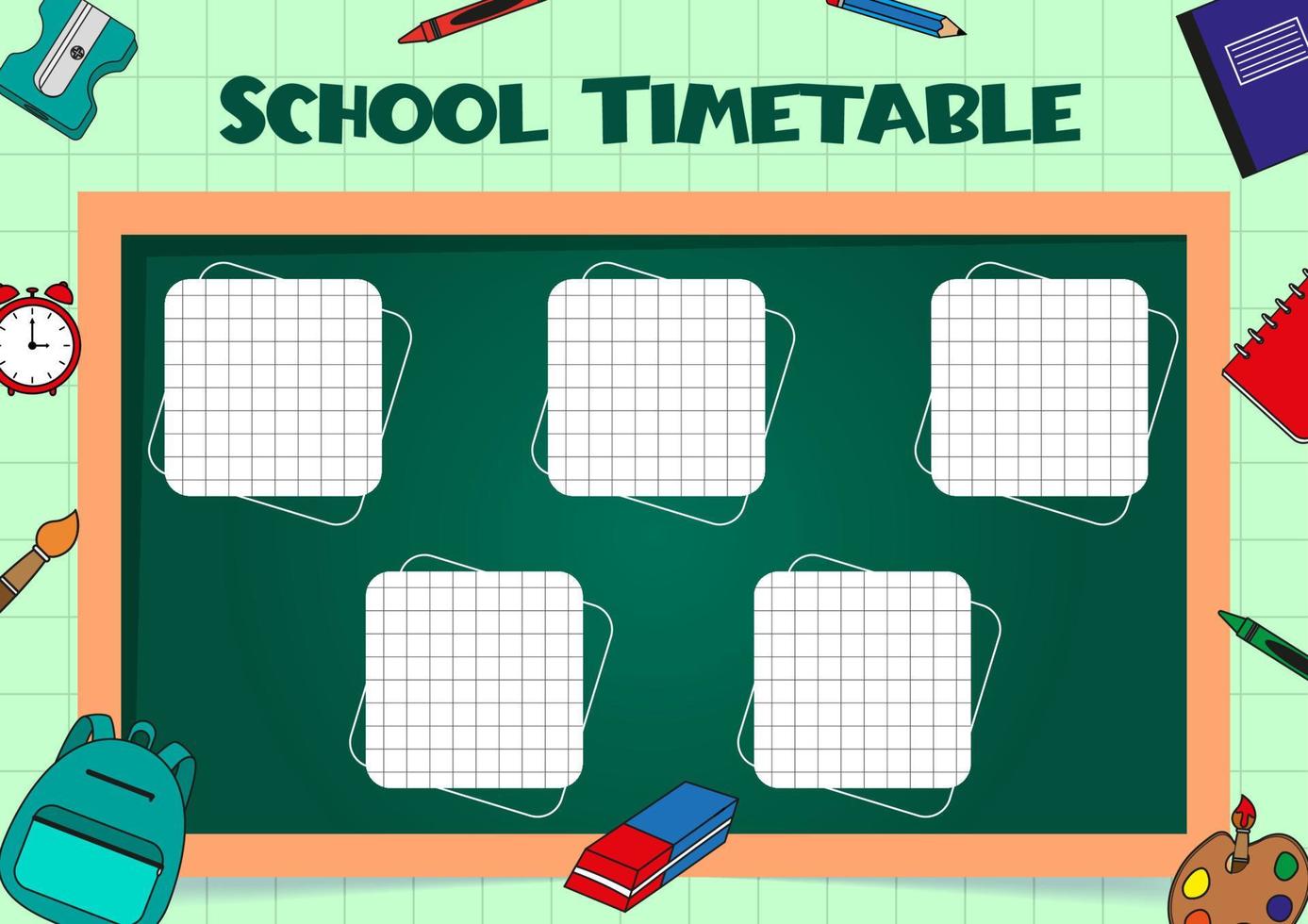 School timetable for kids with days of the week and planes, dots, sheet of paper with cells. School supplies on the background. Weekly planner. Schedule design template. vector