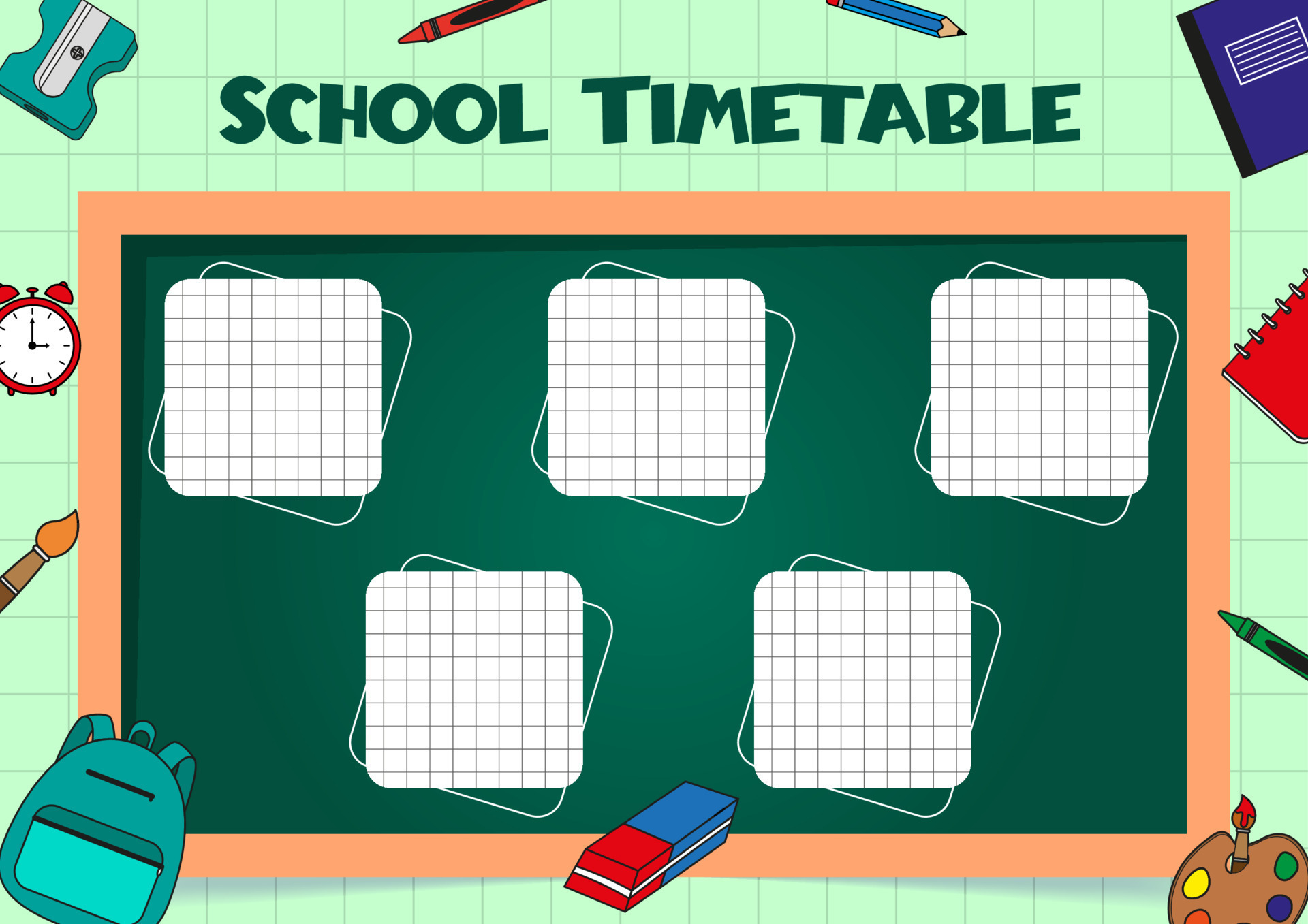 School timetable for kids with days of the week and planes, dots, sheet of  paper with cells. School supplies on the background. Weekly planner. Schedule  design template. 10405922 Vector Art at Vecteezy