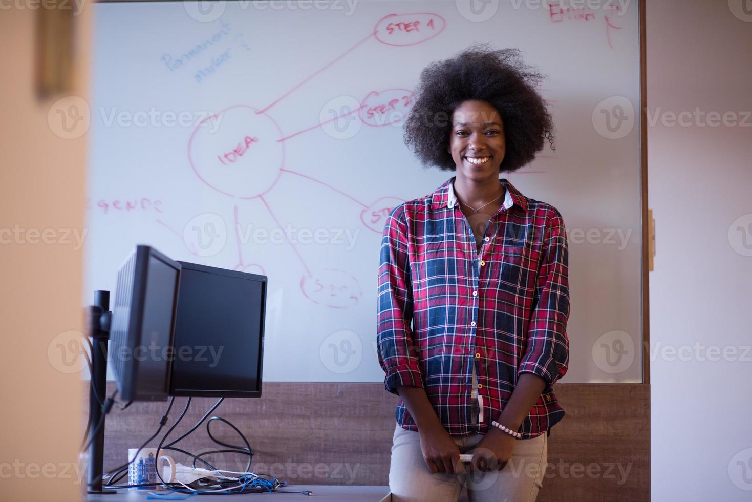 African American woman writing on a chalkboard in a modern office photo